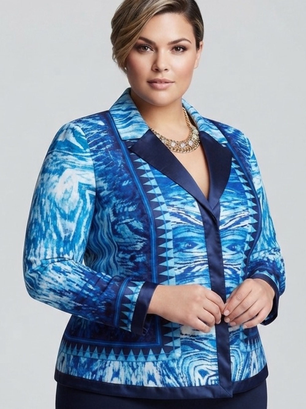 ALLISON DALEY Blue Patterned Shiny Women's Jacket Plus Size est XL